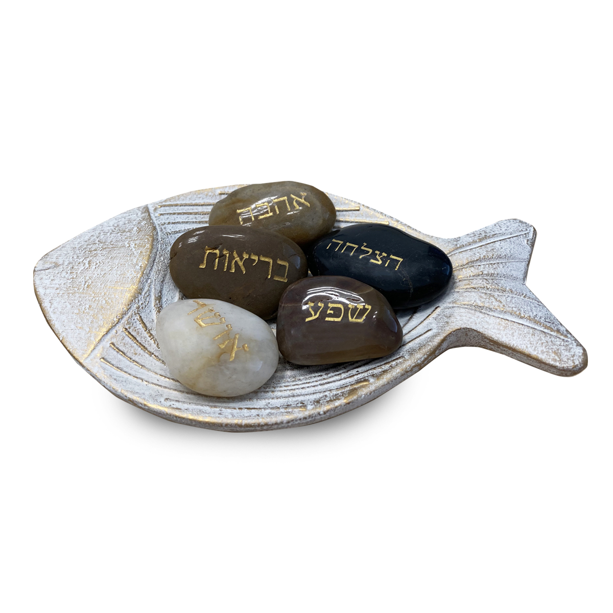 דג המשאלות - מארז חלוקי ברכה עם מגש עץ הכולל:
5 חלוקי נחל עם ברכה.
מגש עץ בצורת דג.  
מידות המגש: 3x12x20 ס”מ.  
