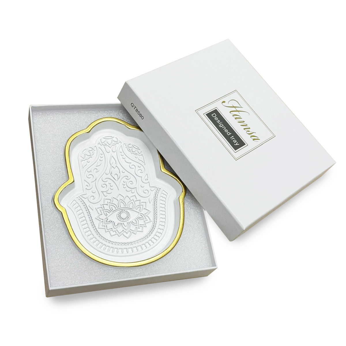 מגש חמסה מעוצב 13.7x17.2 ס”מ. 
מעמד שולחני בצורת חמסה. 