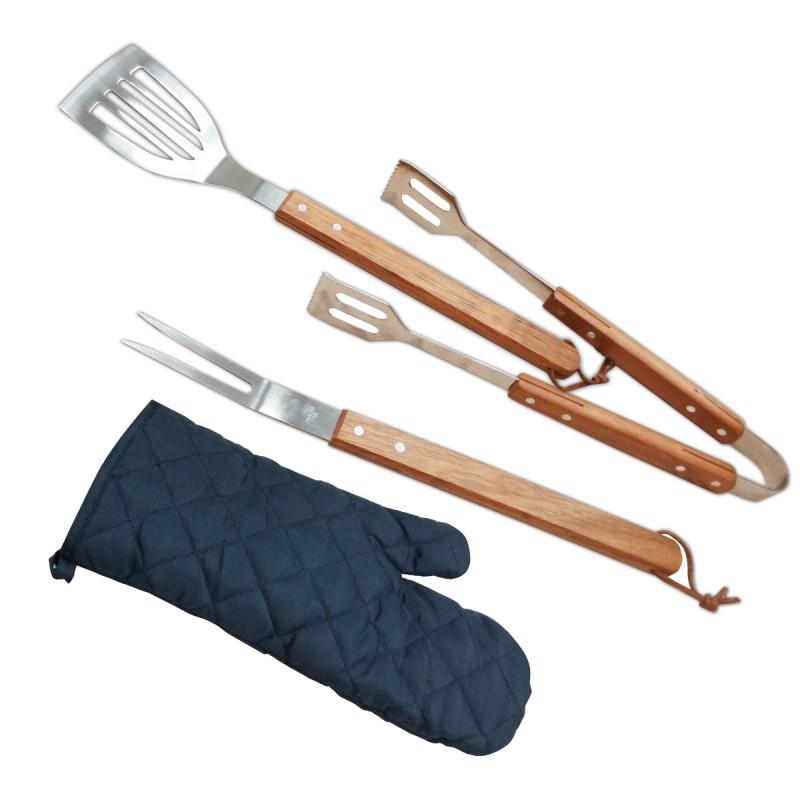 ריב - סט כלים לברביקיו הכולל מזלג,מלקחיים ספטולה וכפפה. כלי הברביקיו עשויים ממתכת אל חלד עבה.
ידיות עץ ארוכות העוזרות להימנע מכוויה.