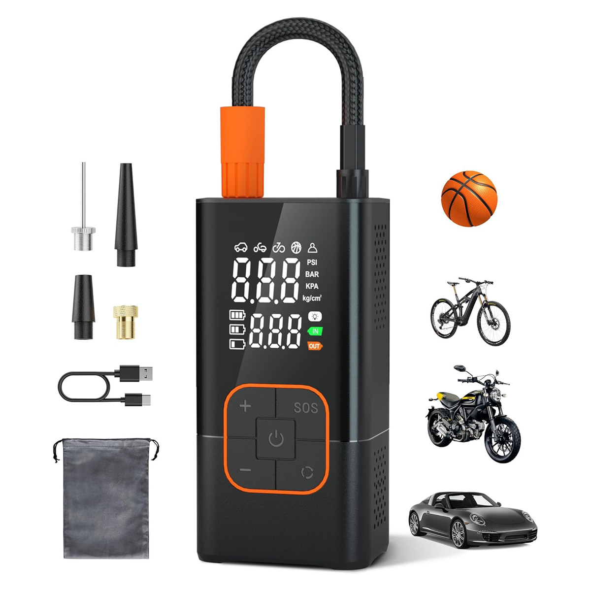 TIREX - משאבה חשמלית ניידת.
סוללה נטענת 3,600mAh.
לחץ ניפוח 3-150 PSI, תצוגה דיגיטלית.
חיבור USB לטעינת הנייד.
פנס ותאורת חרום.
טעינה באמצעות כבל USB-C.