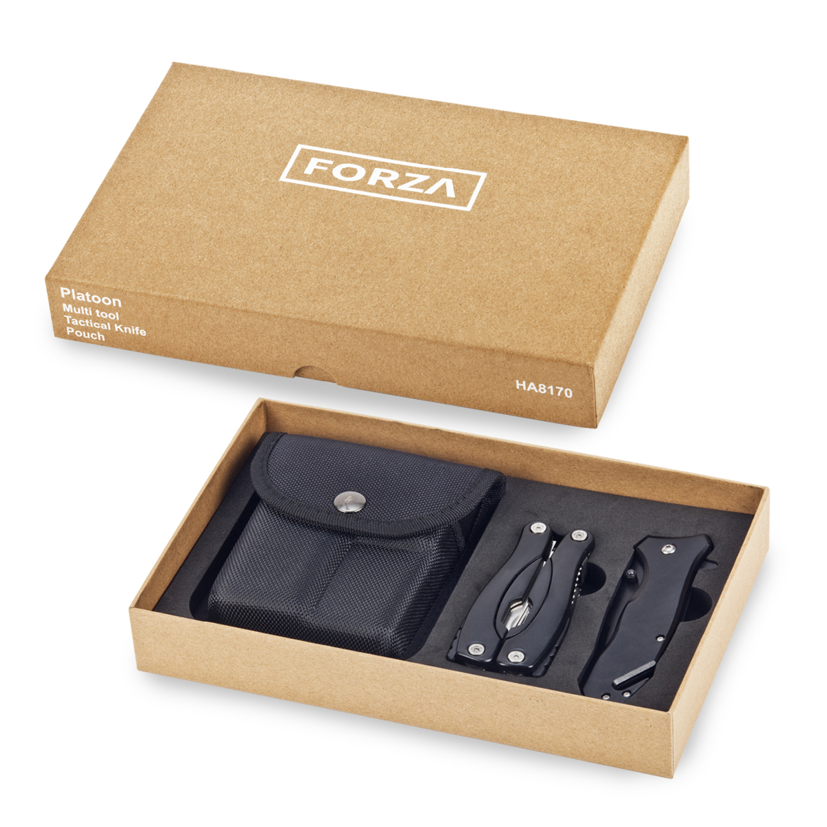PLATOON FORZA - סט פלייר וסכין טקטי. 
תכונות סכין:
להב נירוסטה S/S 420, ידית אלומיניום, להב חיתוך, מנפץ זכוכית, פס נעילה, פתיחה וסגירה בטיחותיים, חיתוך חבל או חגורת בטיחות, קליפס נשיאה.
מידה: סגור 122 מ”מ.
פתוח 210 מ”מ. 
תכונות פלייר 15 פונקציות:
ידית אלומיניום עם ABS, להב Stainless Steel, פלייר שפיץ, פלייר רגיל, פצירה, מסור, מברג שטוח, פותחן פחיות, מברג שטוח בינוני, חיתוך חוטים,
סרגל, משחרר פיתיונות, מסיר קשקשים, סכין, פותחן בקבוקים, מברג שטוח  קטן, מברג פיליפס.
מידות: פתוח – 158x45 מ”מ.
סגור – 100x45 מ”מ.