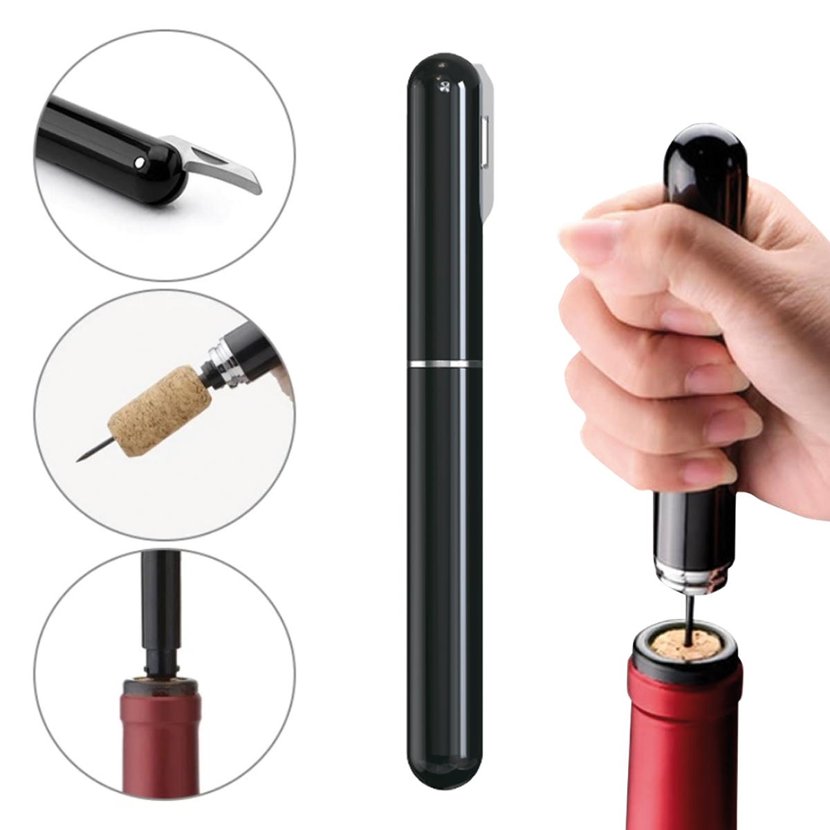 פותחן יין לחץ אוויר.
כולל סכין להסרת נייר האלומיניום.
חולץ את הפקק בקלות ובמהירות.
אינו שובר את פקק האטימה.
קל לשימוש.