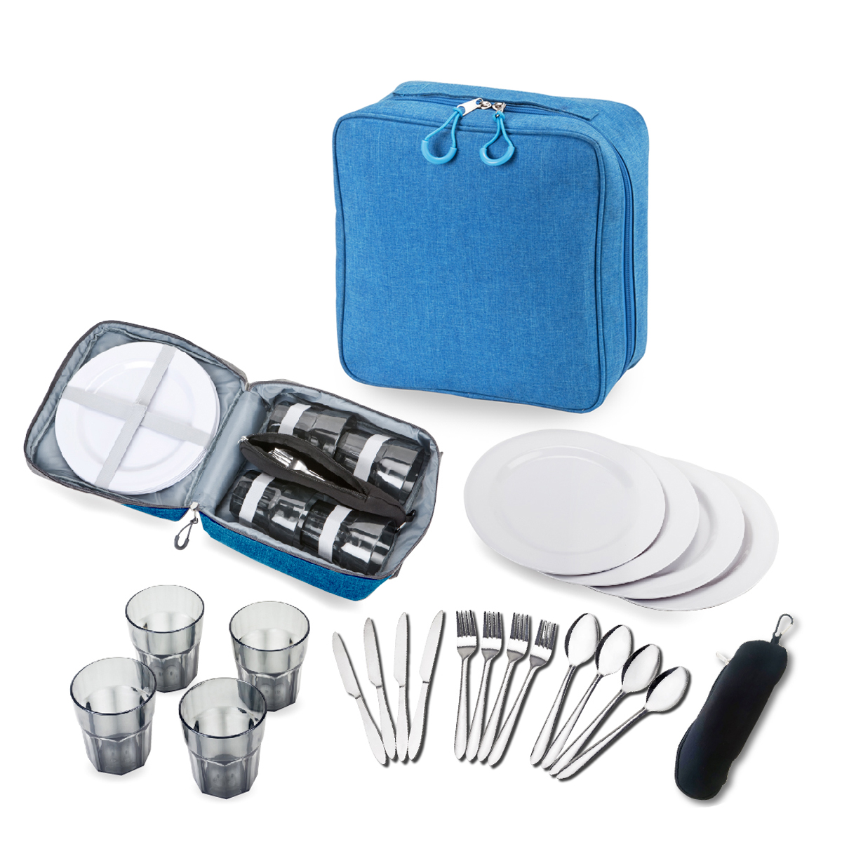 דורסט - סט כלים ל-4 סועדים. 
סט נוח לנשיאה עבור 4 סועדים.
4 צלחת מלמין, כוס שתיה, סכו”ם נירוסטה.
תיק נשיאה פנימי לסכו”ם עם תופסן מתכת.
כל הכלים ניתנים לניקוי במדיח כלים.
מידות התיק: 10x24x24 ס”מ.