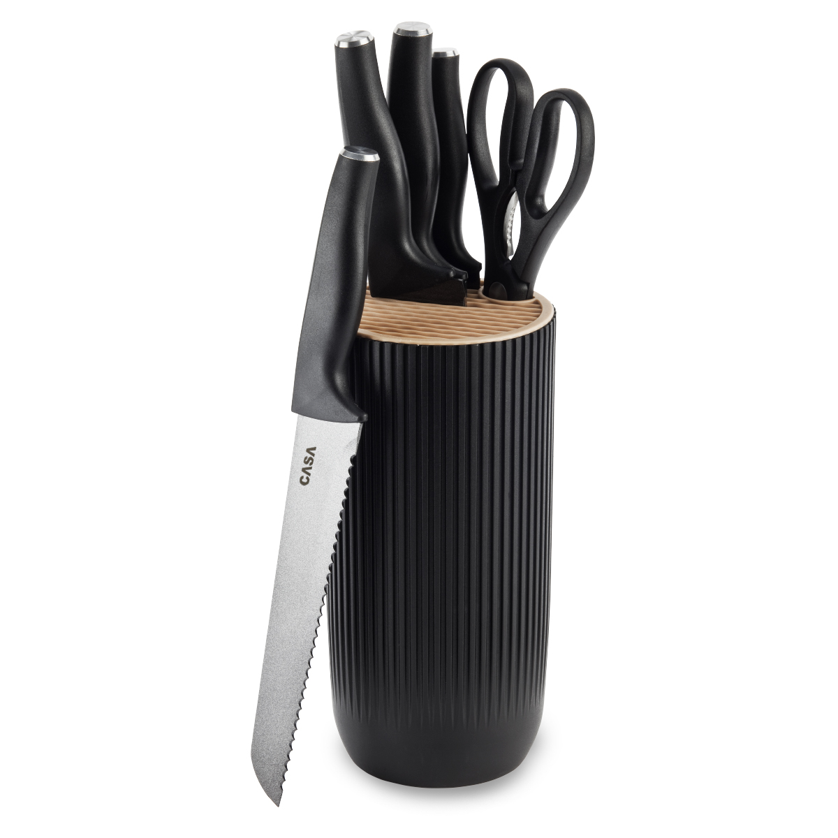 מאסטר שף - בלוק סכינים 6 חלקים. 
מעמד סכיני מטבח עשויים פלדת אל – חלד, עם ציפוי מונע הידבקות.
סכין שף – להב 20 ס”מ.
סכין סנטוקו – להב 18 ס”מ.
סכין לחם – להב 20 ס”מ.
סכין שרות – להב 12 ס”מ.
מספרים רב שימושיות. 