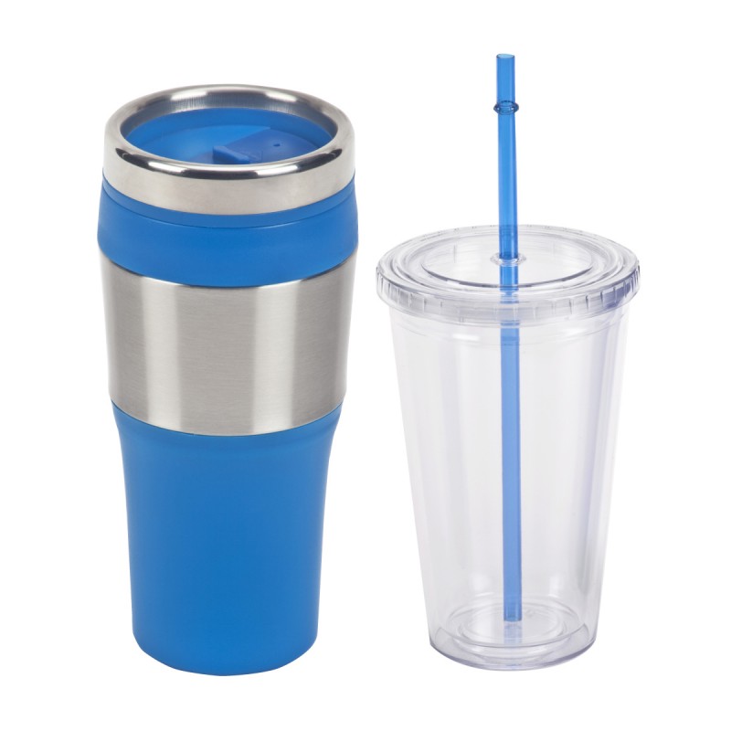 אמריקה - סט שתיה למשקה חם וקר. 
כוס לשתייה קרה דופן כפולה, עם קשית צבעונית. מכסה בהברגה. 480 מ