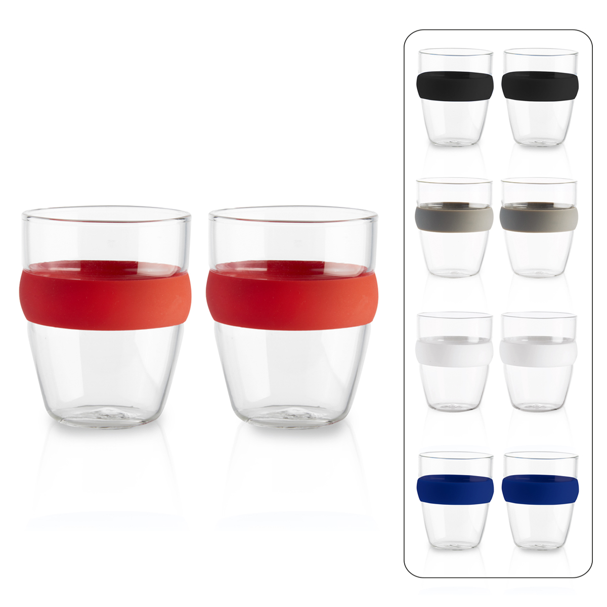 אינדונזיה 2 - זוג כוסות זכוכית עם חבק סיליקון. 
זכוכית בורוסיליקט. 
נפח: 150 מ”ל. 