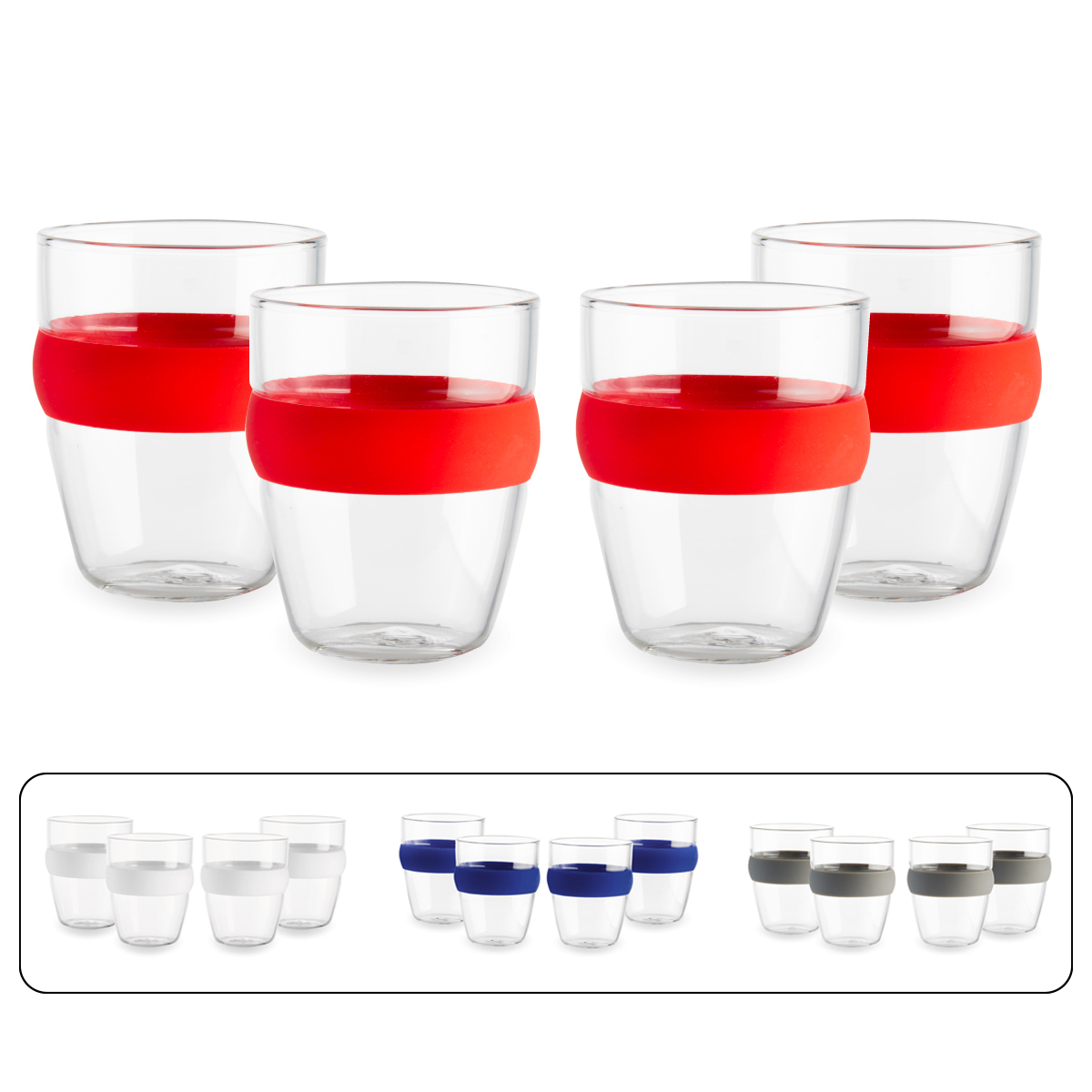 אינדונזיה - סט 4 כוסות זכוכית 150 מ”ל, עם חבק סיליקון צבעוני לנוחות ויופי. 
הזכוכית עמידה לשימוש במדיח. 
חבק סיליקון בשלל צבעים לנוחות באחיזה. 