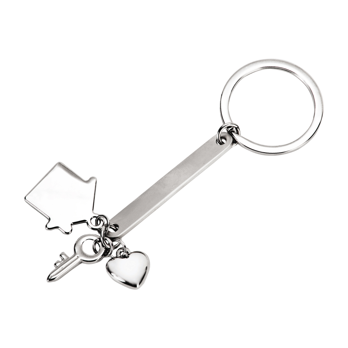 קשר - מחזיק מפתחות עם פס מתכת ותליוני מנעול, בית ולב.
