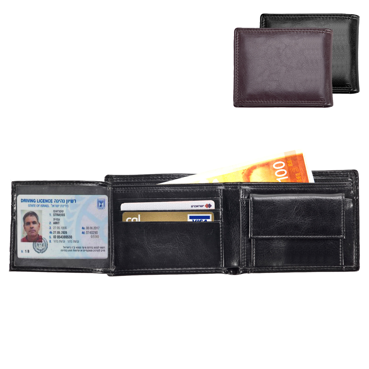 דייטון - ארנק לגבר,3 כנפיים. עור איטלקי.
כיס למטבעות, כיס אחורי לשטרות. תאים לכרטיסי אשראי.   
מידות המוצר (סגור): 11x9 ס