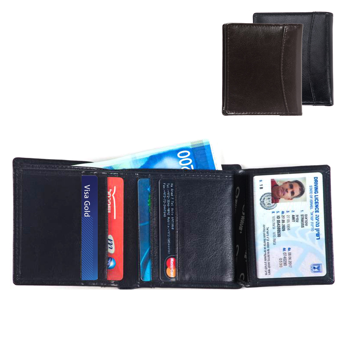 בארי - ארנק נוח לנשיאה, 3 כנפיים, כיסים לכרטיסי אשראי, כיסים לשטרות, כיס להצגת תעודה. עור איטלקי. 
מידות המוצר (סגור): 11x9 ס