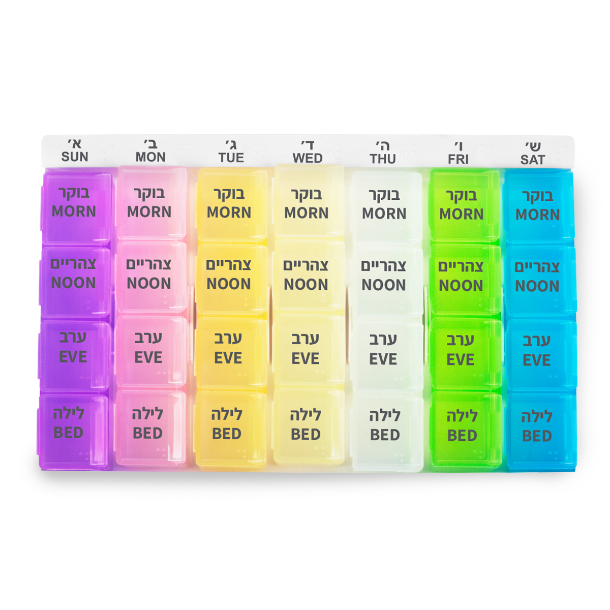 דוסט - מגש אחסון שבועי לתרופות וויטמינים, 178x116x23 מ”מ.
7 קופסאות יומיות מחולקות ל-4 תאים.
ניתנות לשליפה מהמגש.