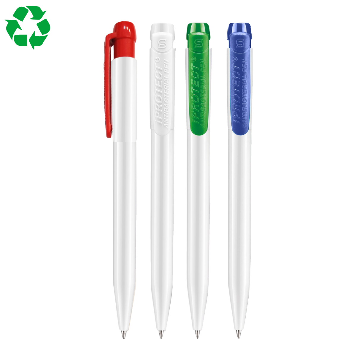 עט כדורי אנטיבקטריאלי – iProtect. 
תוספת של Zinc Ion. משמיד 99% מהחיידקים. 
גוף פלסטיק ABS, מנגנון לחיצה. 
תוצרת איטליה.