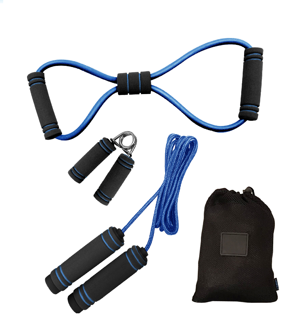 ערכת ספורט לבית. 
הסט כולל: רצועת מתיחה X, חבל קפיצה אורך 2.70 מטר עם ידיות אחיזה נוחות מ EVA, קפיץ יד, חוברת הדרכה.