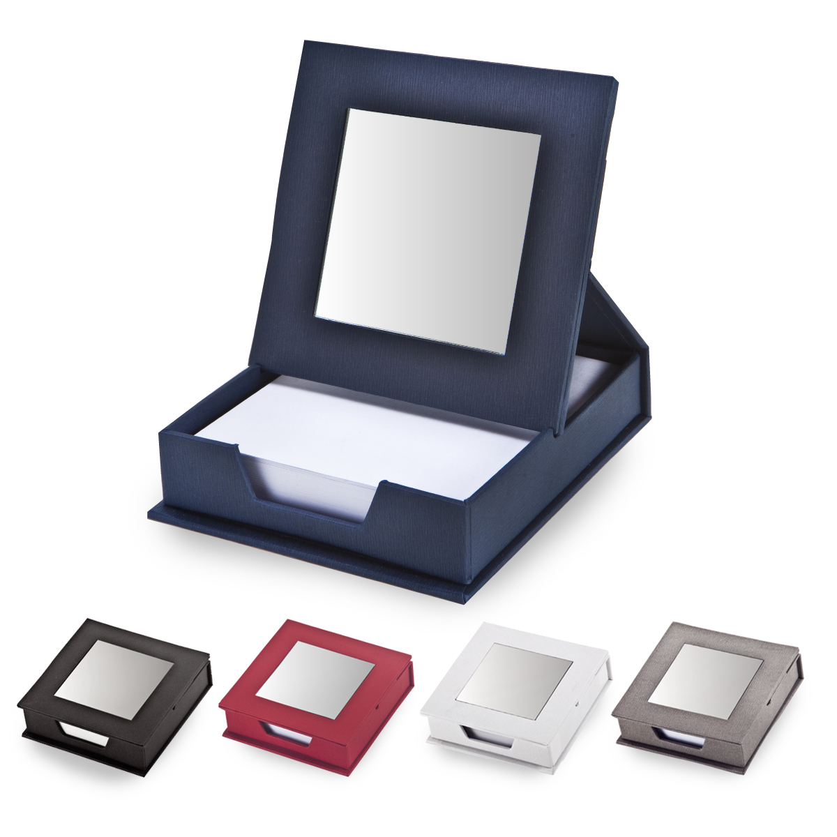 פנדורה - מעמד שולחני עם מראה. 80 דפי ממו לבנים. כריכת נייר קשה. מידות: 11x3.5x11 ס