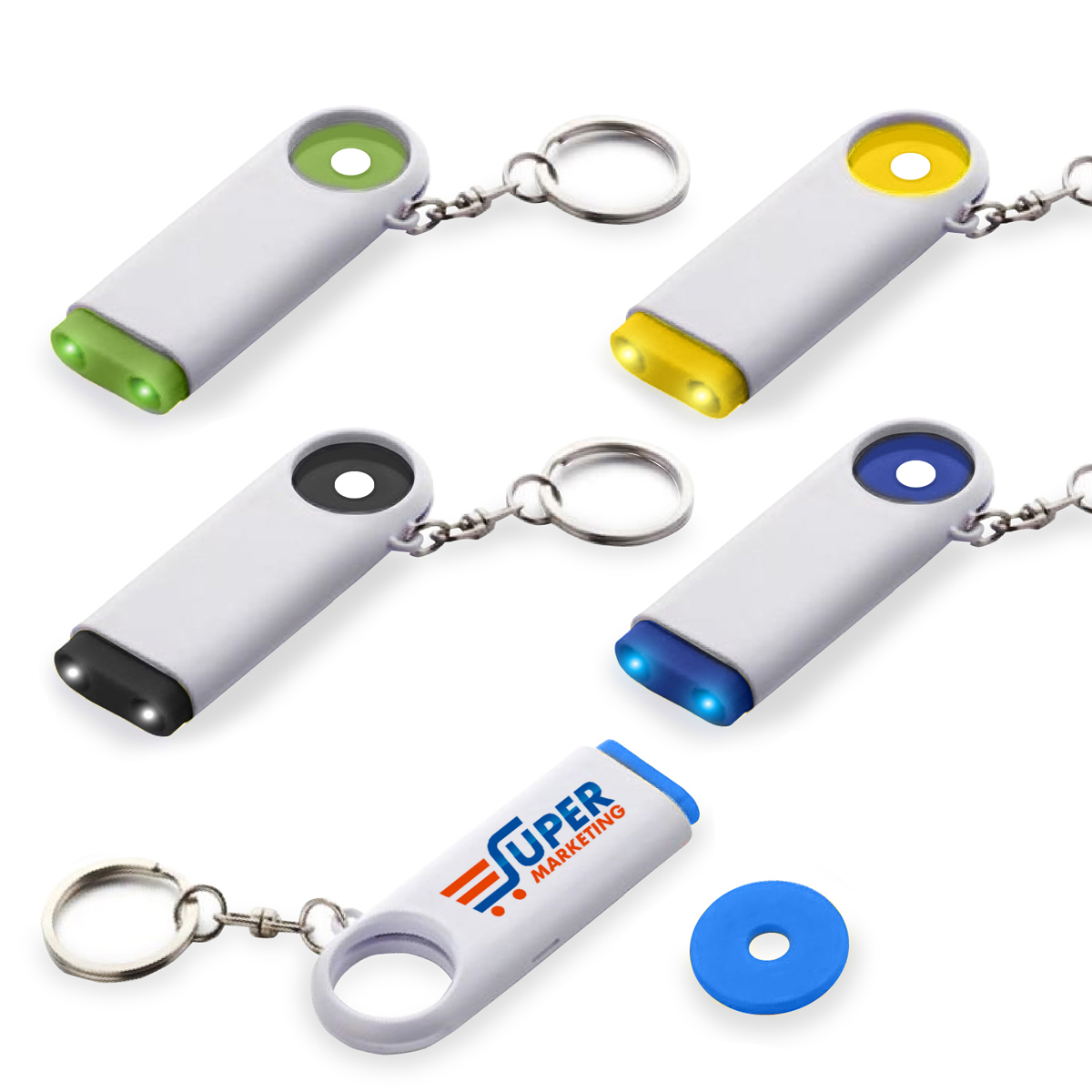 עידן - פנס עם מחזיק מפתחות ומטבע לעגלות. 
מחזיק מפתחות נוח ושימושי, 1x2.5x7.1 ס”מ. 
פנס עם שתי נורות LED.
נדלק בקלות בלחיצה על ראש המחזיק.
מטבע לעגלות משולב בגוף מחזיק המפתחות.