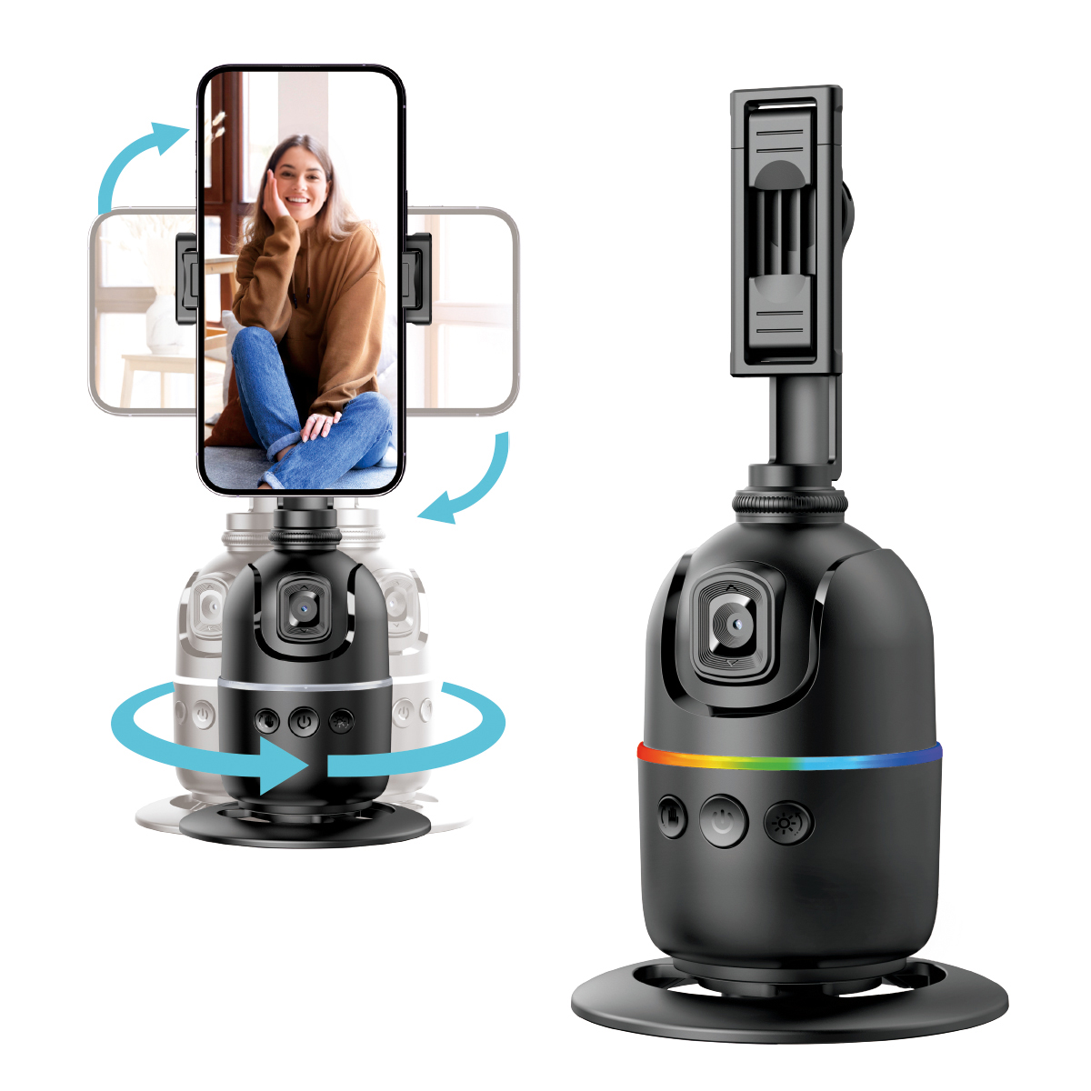 מצלמת AI, גימבל שולחני.
זיהוי פנים ומעקב 360⁰.
סימון כף יד להפעלה/הפסקה.
ניתנת לחיבור לחצובה (לא כלול).
ללא שלט.