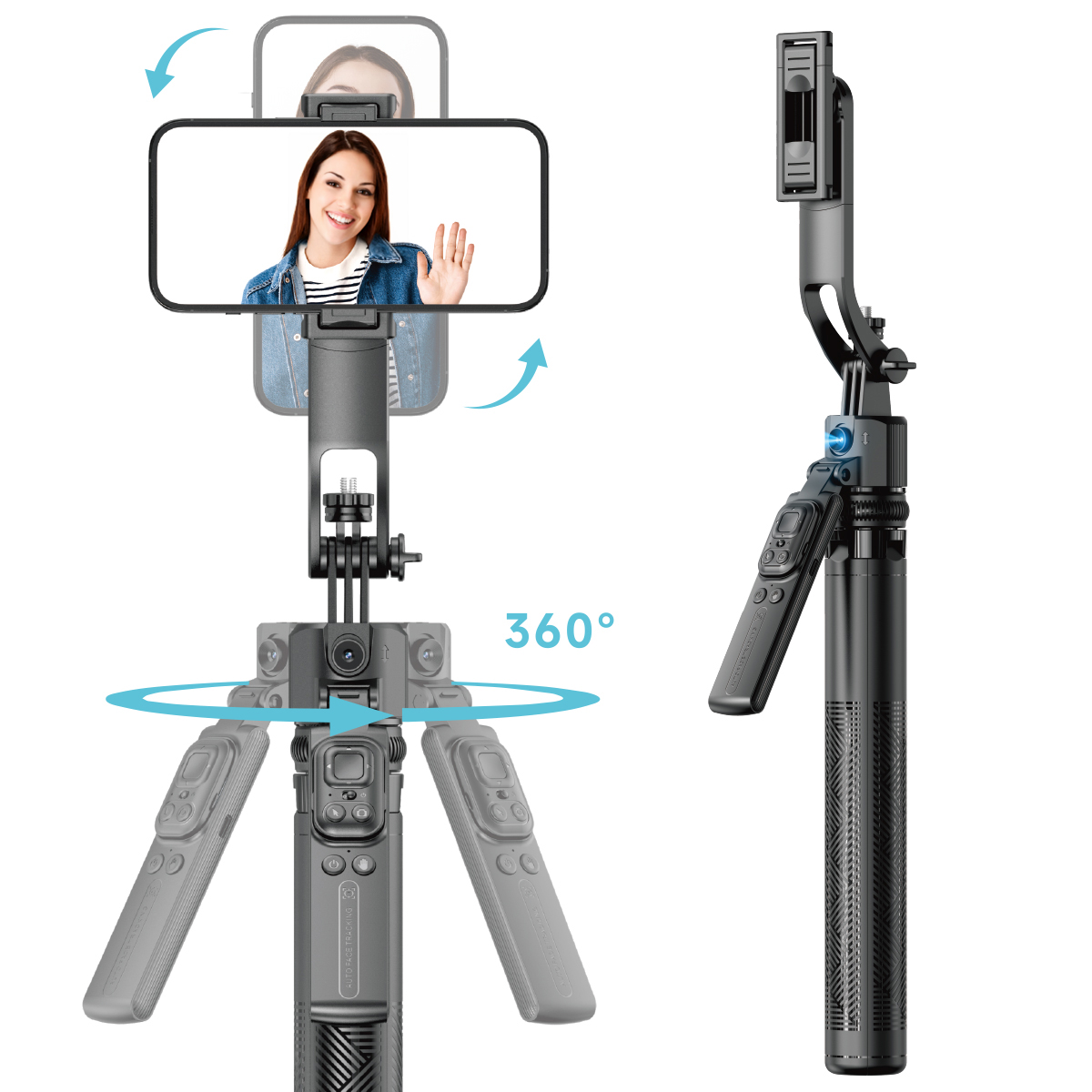 מצלמת AI, גימבל על חצובה.
זיהוי פנים ומעקב 360⁰.
סימון כף יד להפעלה/הפסקה.
שלט רחוק.
חצובה בגובה 1.60 מטר.