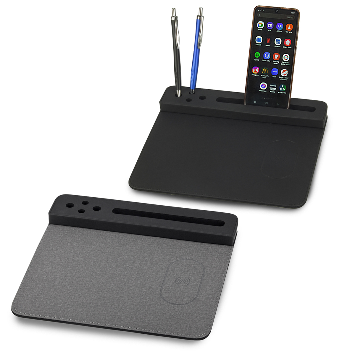 יוגב - משטח לעכבר, מעמד שולחני לעטים ולטלפון.
מטען אלחוטי מהיר 15W.

מידות: 16x250x255 מ”מ.

