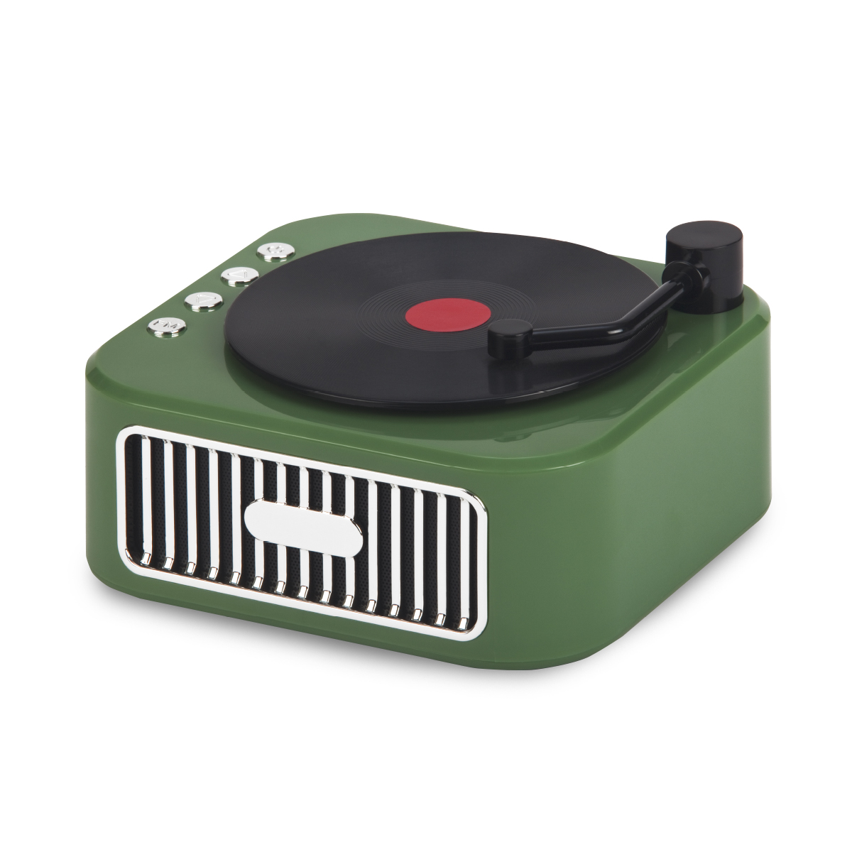 גרמופון - רמקול אלחוטי נייד בסגנון פטיפון רטרו, 112x120x67 מ”מ.
עוצמת הרמקול 5W.
סוללה נטענת, חיבור כרטיס זכרון.