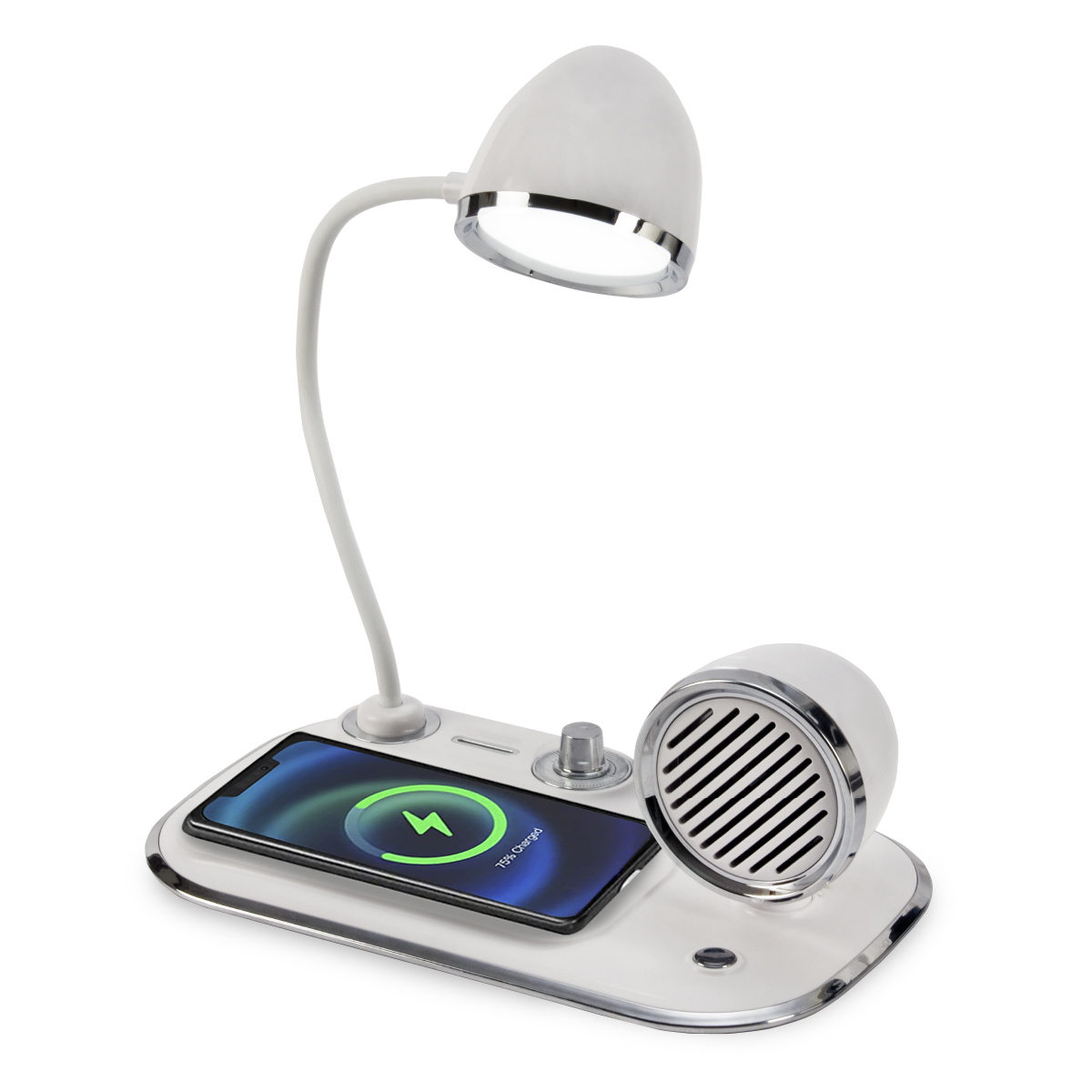 מנורת שולחן מעוצבת עם תאורת לד, טעינה אלחוטית ורמקול Bt מובנה. 