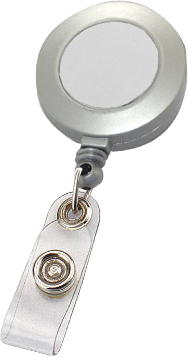 מגה אופס - מחזיק לתג עובד בגימור ניקל עם שרוך משיכה קפיצי.