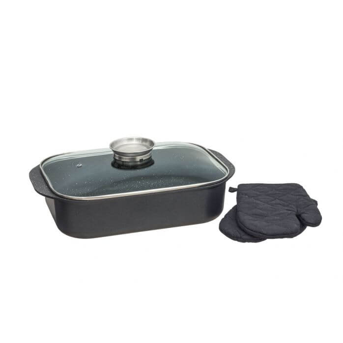 סיר צליה מלבני לגז ולתנור, ציפוי פנימי אבן שיש GREBLON תוצרת גרמניה.
תחתית אינדוקציה מתאימה לכל סוגי הכיריים וגם לתנור.
מכסה זכוכית עם פקק פטנט להוספת נוזלים בזמן הבישול + כולל זוג כפפות לתנור.
מידות:34x25x10 ס