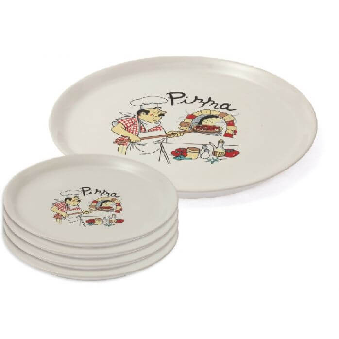 סט אוכל 5 חלקים להגשת פיצה מפורצלן כולל צלחת הגשה 30 ס"מ + 4 צלחות 20 ס"מ