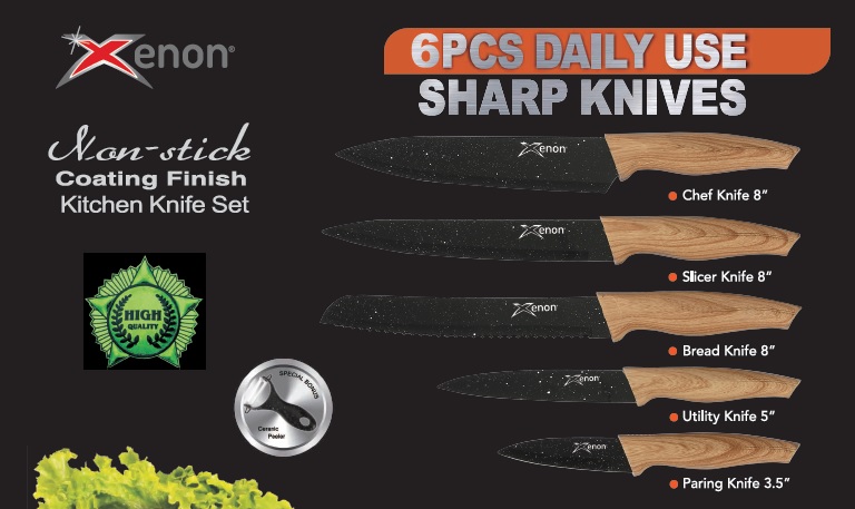 סט 6 סכיני חיתוך ציפוי נון סטיק שחור אבן + קולפן קרמי.