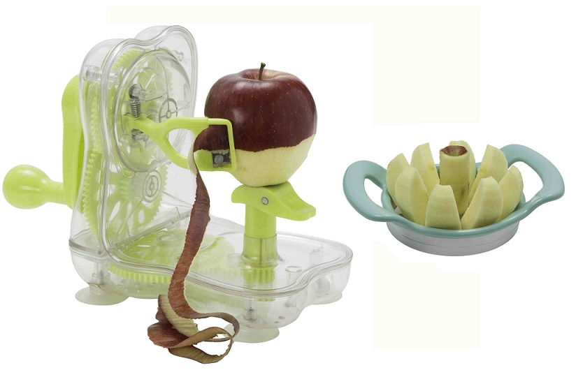 סט לקילוף ופריסה של תפוחי עץ, כולל מכונה ידנית לקילוף תפוחי עץ, על ידי סיבוב הידית, מקלף במהירות וביעילות, בצורה בטיחותית. בנוסף פורס תפוחי עץ איכותי.
