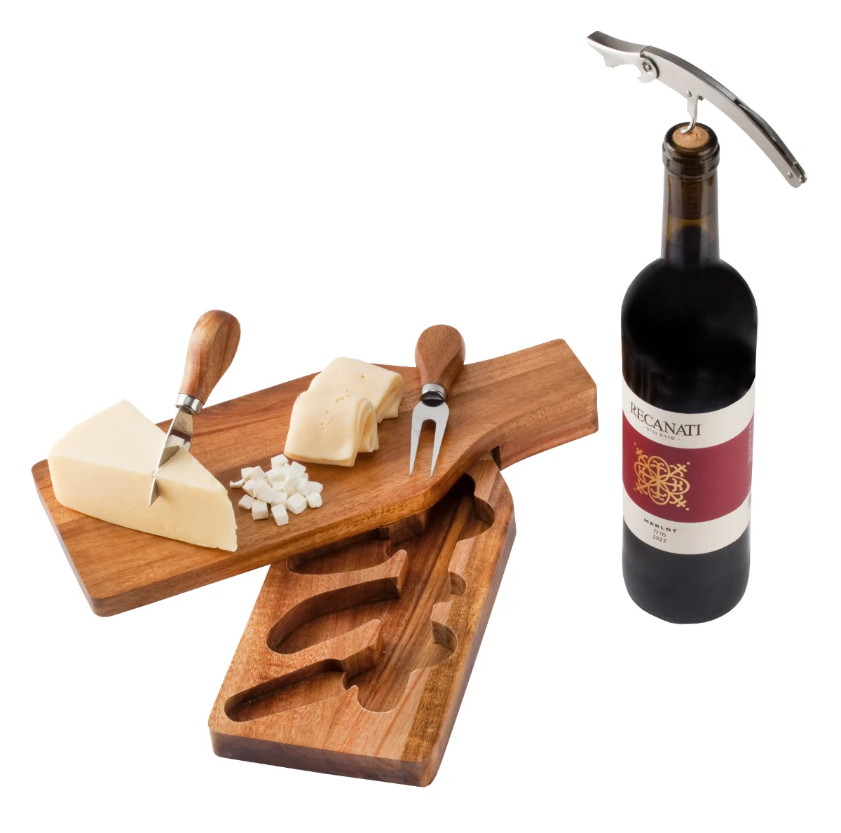 קרש הגשה מסתובב לגבינות ויין, מכיל: 
קרש גבינות מסתובב.
סכין חיתוך גבינה. 
מזלג הגשה. 
פותחן וחולץ ליין בבקבוקים.
סכין קילוף.
קרש הגשה. 