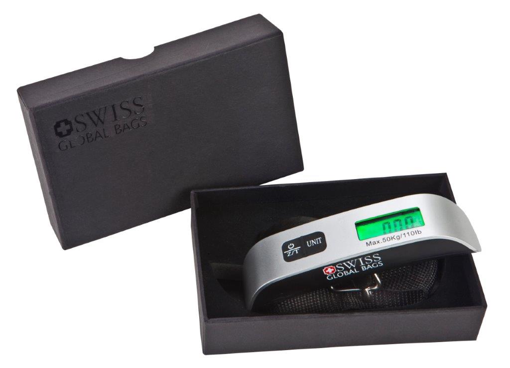 משקל למזוודה דיגיטלי SWISS GLOBAL BAGS.
צג דיגיטלי גדול ורחב.
מאפשר שקילה של מזוודה בהרמה.
מתחבר לידית המזוודה.
מתאים לכל סוגי המזוודות.
משקל נשיאה מרבי: 50 ק