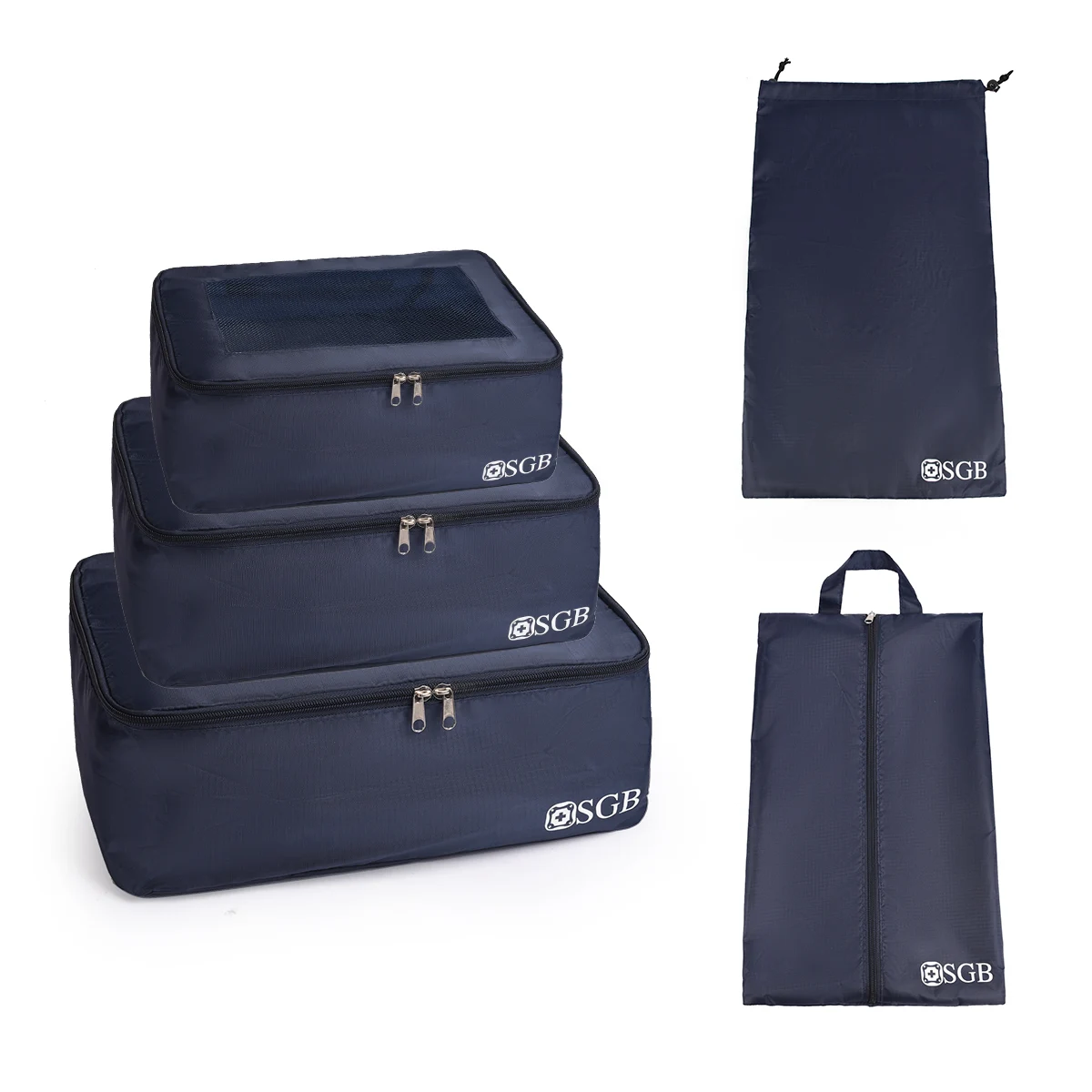 סט 5 תיקים לאירגון וסידור המזוודה. 
חומר חיצוני חומר ריבסטופ מוגן מים. 
רוכסנים מספר 8. 
שלושה תיקים נושמים (צד אחד אטום מים וצד אחד רשת). תיק גדול לאריזת נעליים 25x40 ס