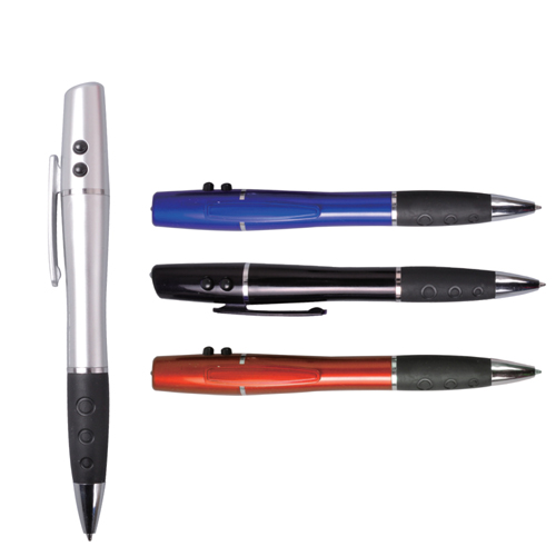 עט פלסטיק כדורי הכולל לייזר אדום ופנס led. 

