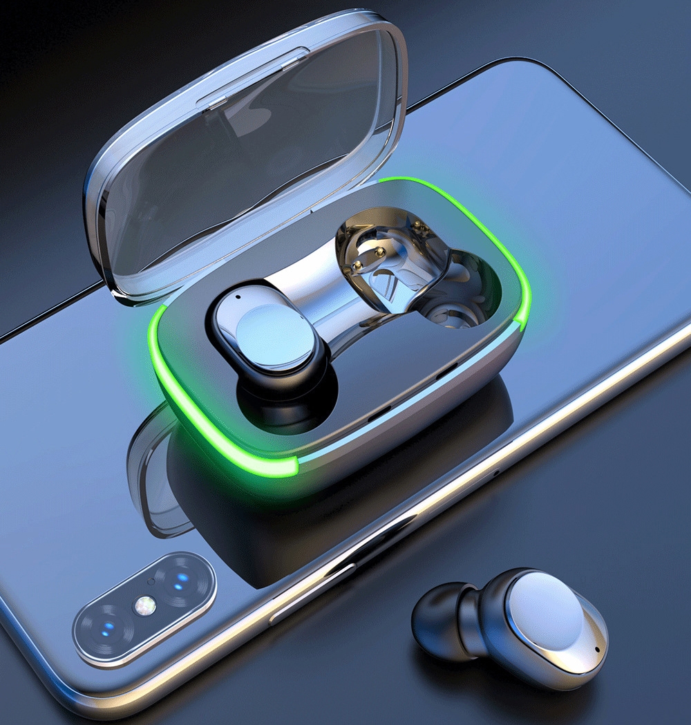 אוזניות אלחוטיות עוצמתיות קומפקטיות עם תאורת LED, תיבת טעינה יוקרתית וסאונד צלול.