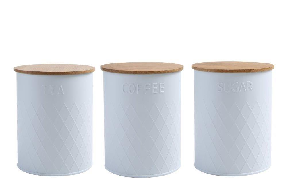 סט מעוצב קפה/תה/סוכר עם מכסה במבוק. 
צנצנות מתכת מעוצבות בעיצוב מודרני עם כיתוב מובלט 
ועם מכסי עץ אטומים. 
שומרות על טריות ומוסיפות סטייל למטבח.
