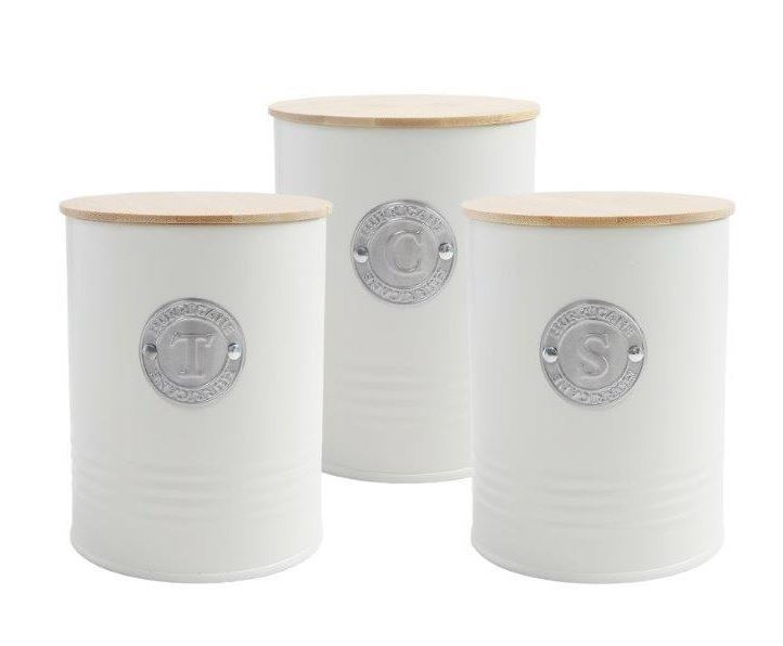 סט מעוצב קפה/תה/סוכר עם מכסה במבוק. 
צנצנות מתכת מעוצבות עם מכסי עץ אטומים, שומרות על טריות ומוסיפות סטייל למטבח.