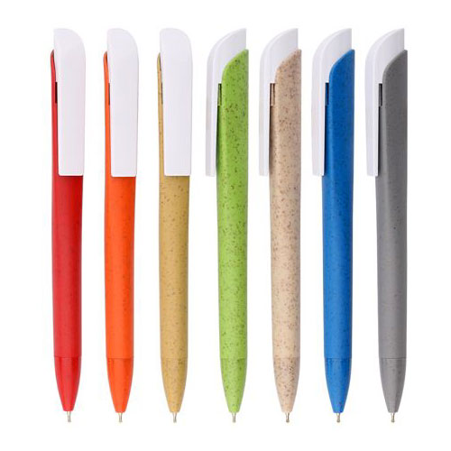 עטים ממוחזרים העשויים מחיטה ותירס, מילוי עם ראש סיכה. העט נעימה למגע וניתנת למיתוג. 