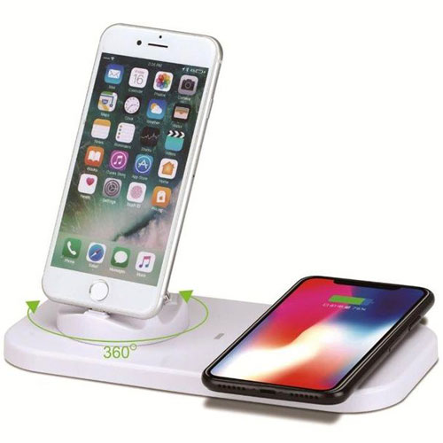 עמדת הטענה אלחוטית וקבועה לנייד, 20x10 ס”מ. 
מטען אלחוטי במהירות של 1.0A ושולחני במהירות של 2.0A. 
מטען שולחני קרוסלה 360 מעלות. 
עם חיבורים Iphone, Android ו-Type-C. 
