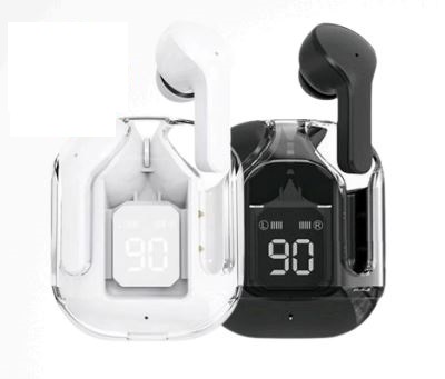 אוזניות אלחוטיות בעיצוב שקוף עם צג דיגיטלי מתקדם, סאונד איכותי ושליטה קלה במגע.