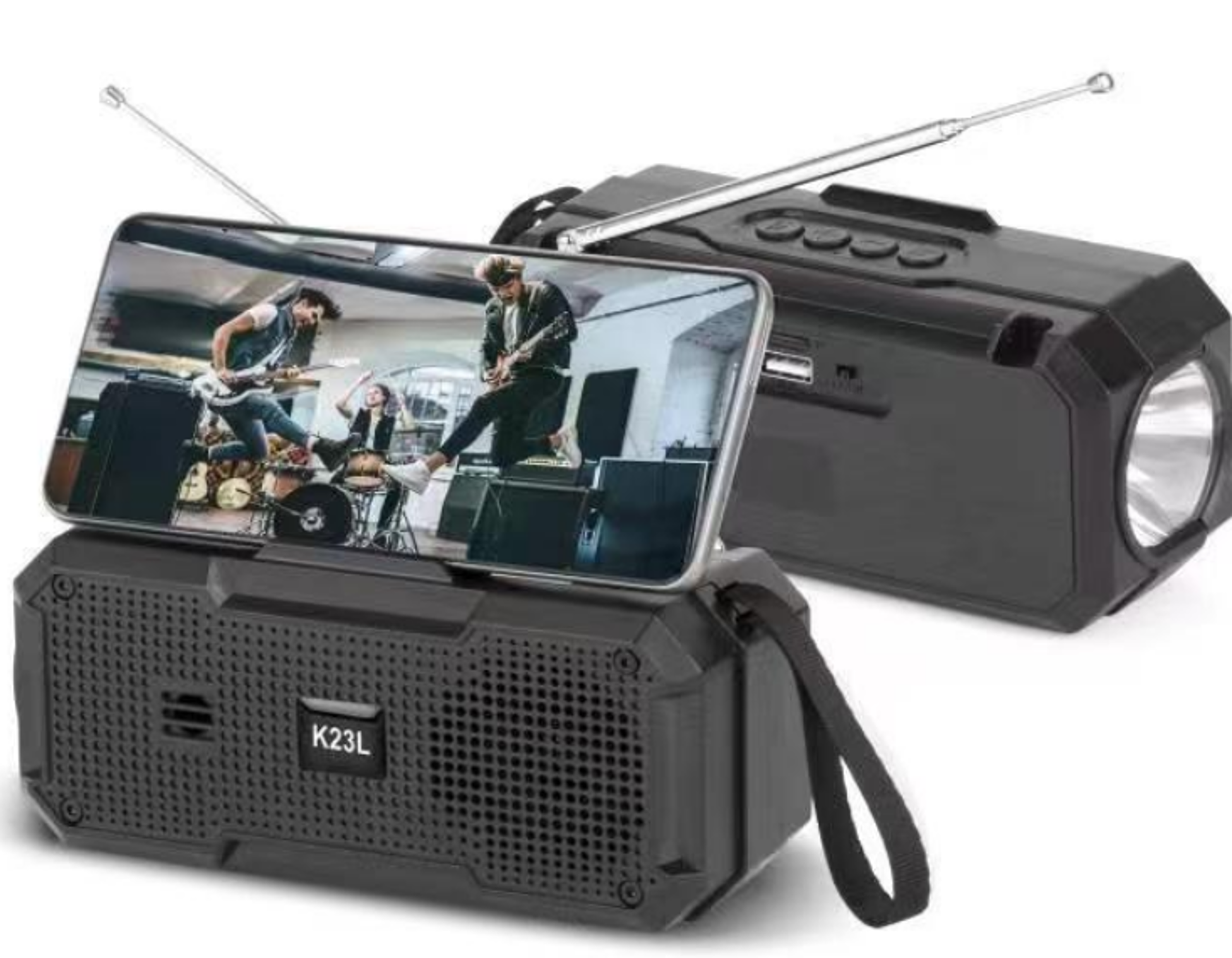 רמקול Bt עם פנס. 
עם רדיו ואנטנה חיצונית. 