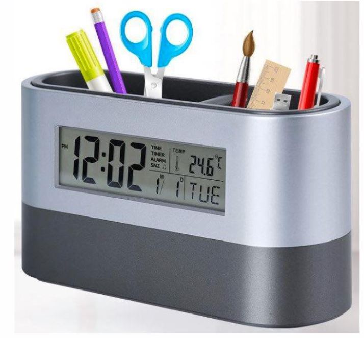 מעמד כוס לעטים + תאריכון + שעון דיגיטלי. 