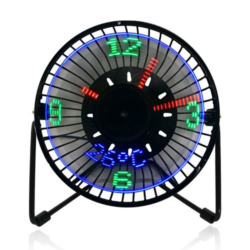 מאוורר שולחני עם תצוגת USB LED קומפקטי עם אפקטים של שעון דיגיטלי וטמפרטורה ישירות על הלהבים. 
מתחבר לכניסת USB.
18 ס