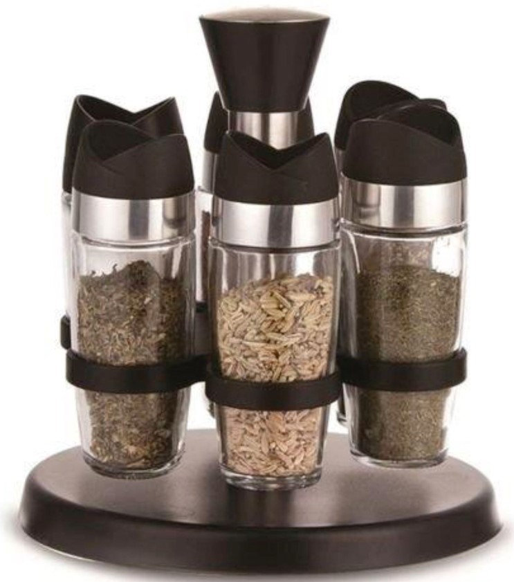 מעמד 6 צנצנות לתבלינים.
סט זכוכית מעוצב עם 6 צנצנות תבלינים ומכסים נוחים לשימוש השומרים על טריות.  
מגיע עם בסיס מסתובב. 
לשמירה על סדר ונגישות במטבח. 