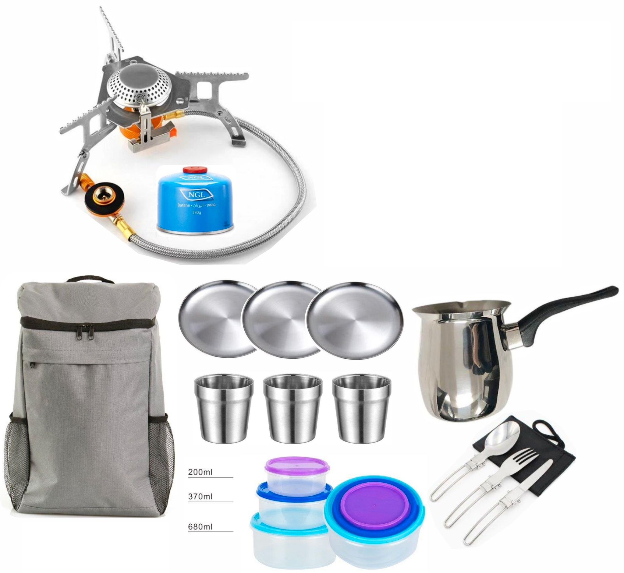 פקל קפה לשטח, מכיל: 
גזייה איכותית רצפתית.
צידנית איכותית מבודדת. 
מיכל גז 230 מ