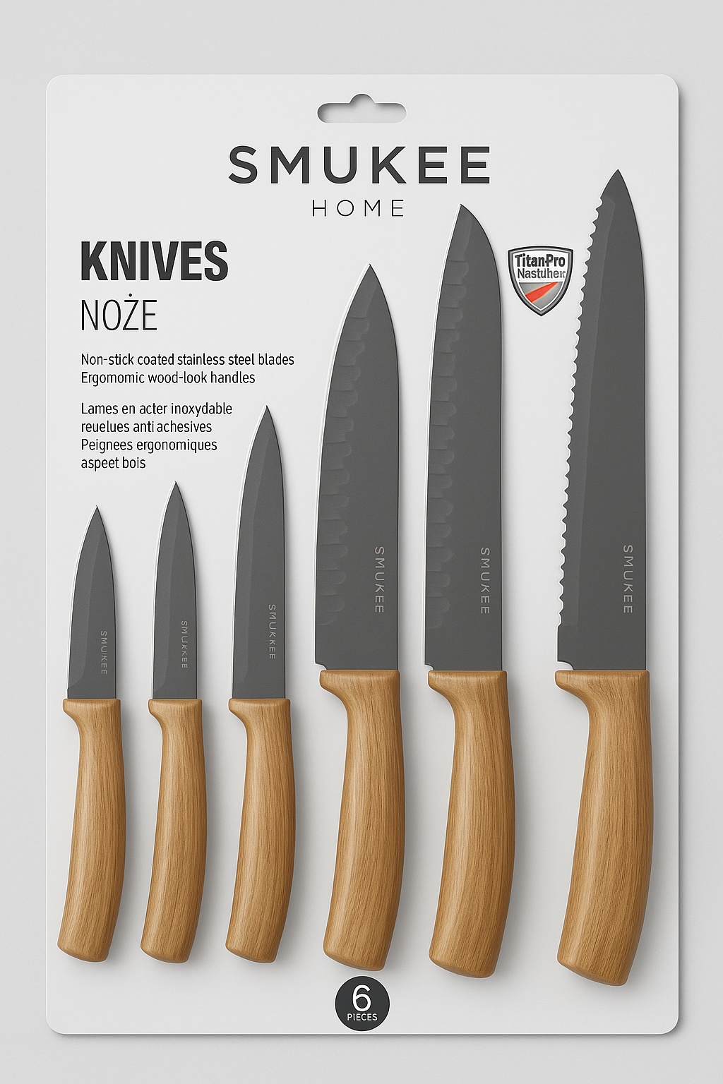 סט סכיני שף 6 חלקים. 
להבים מפלדת אל חלד בציפוי מונע הדבקה. 
ידיות ארגונומיות במראה עץ לאחיזה נוחה ולעבודה מדויקת. 