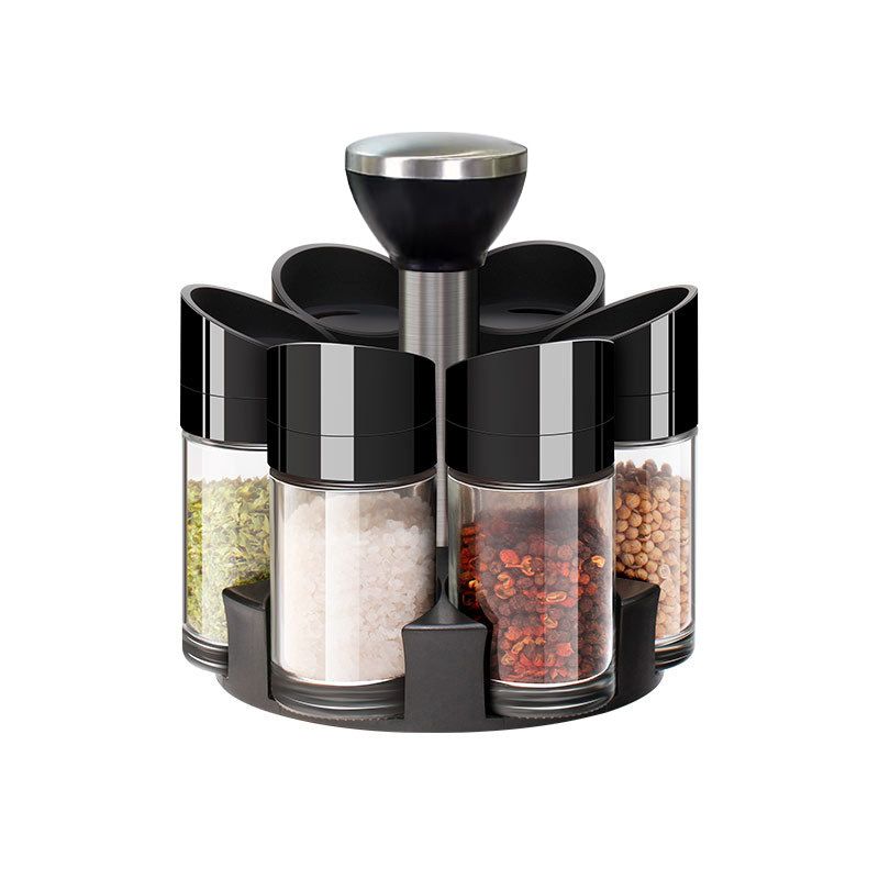 סט מעמד תבלינים מסתובב -
מעמד מסתובב עם 6 צנצנות זכוכית שקופות ומכסים שחורים 
אטומים, לשמירה על טריות התבלינים ונוחות שימוש במטבח.