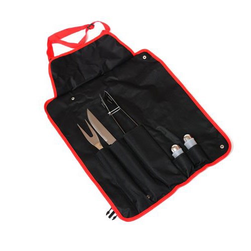 סט ברביקיו עם סינר מתקפל - 
כולל מלקחיים, מזלג, מרית, מלח ופלפלייה – כלים נשלפים
בסידור קומפקטי בתוך סינר נשיאה. 
מתקפל ונוח לאחסון.