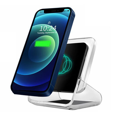 משטח טעינה אלחוטית פרספקס שקוף משולב במעמד לנייד. 
מאפשר טעינה במצב אנכי או אופקי. 
תומך בטעינה מהירה עד 15W. 