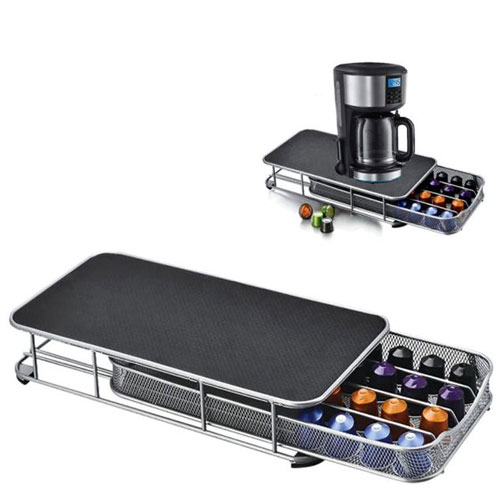 מתקן מתכתי לאחסון קפסולות קפה מגירה.
ניתן להניח את המכונה עליו. 