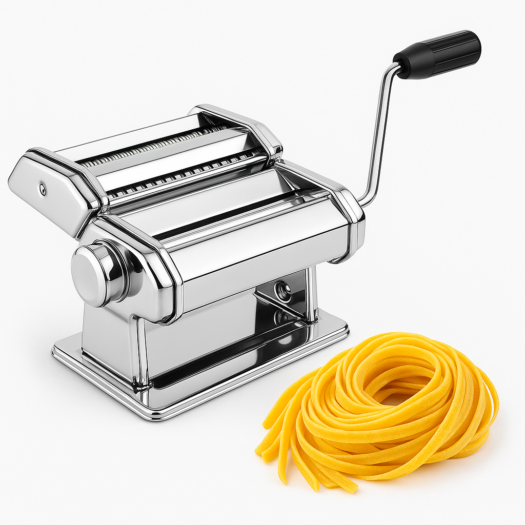 מכונת פסטה נירוסטה. 
עשויה פלדת כרום מבריקה. 
כוללת 7 דרגות רידוד ורולר כפול לחיתוך פטוצ